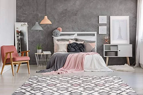 One Couture matta med hög lugg design romb låda mönster vardagsrum grå grädde rosa vardagsrumsmatta matrumsmatta löpare storlek: 160 cm x 230 4056216976420