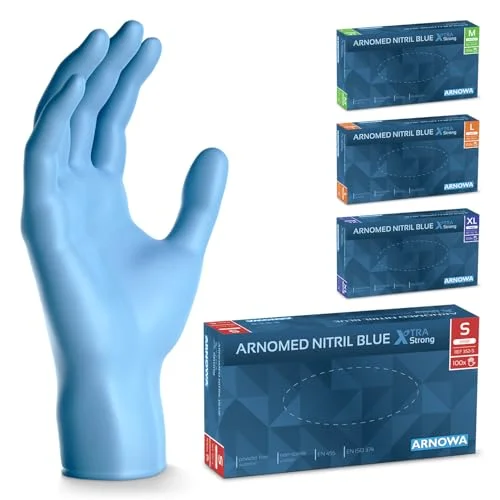 ARNOMED engångshandskar blå extra starka, i S, 50% tjockare nitrilhandskar, 100 st, puderfria engångshandskar, latexfria gummihandskar, M, L & XL 4260597522026