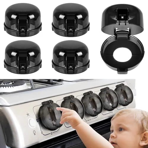 5 pack Spisknoppskydd för barnsäkerhet gasspis knoppskydd i universell storlek med lim, värmebeständigt babysäkert skydd spis och knoppskydd, dubbla nycklar husdjur (svart) 793869428954