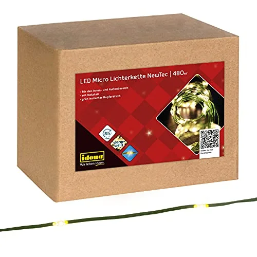 Idena 31341 NewTec LED-ljuskedja med 480 lysdioder i varmvitt, 8 timmars timerfunktion, ca 52,9 m lång, för fester, jul, dekoration, bröllop, som stämningsljus 4064997313419
