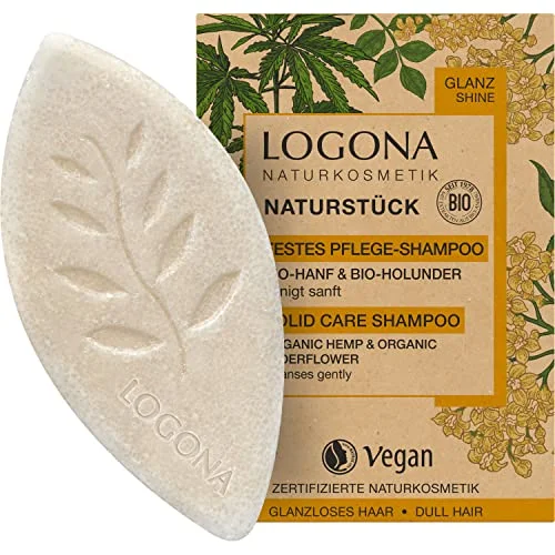 LOGONA Naturkosmetik fast hårschampo för mer glans och naturligt friskt hår, schampo bar med vegansk formel av ekologisk hampa fläder, som hårtvål, 1 x 60 g 4017645020115