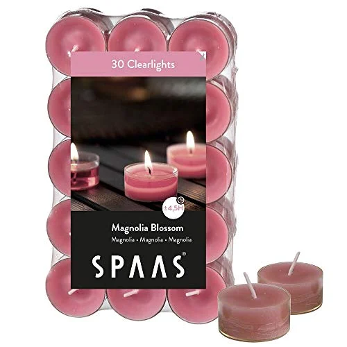 Spaas 30 Scented Clearlights, Tealights in Transparent Clear Cup, ± 4.5 Hours, Magnolia Blossom 5411708155117